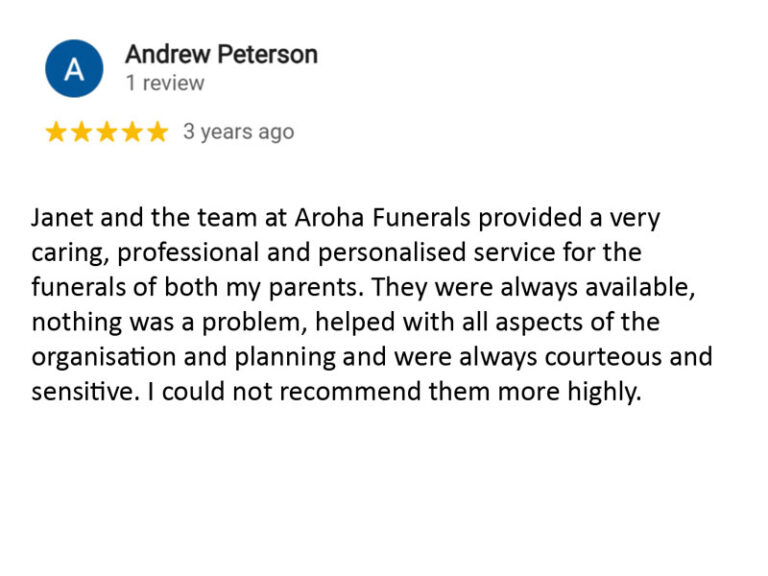 Google review for Aroha Funerals
