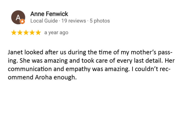 Google review for Aroha Funerals