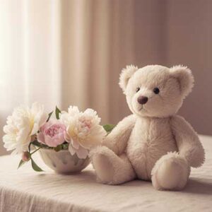 teddy bear next to a bowl of peonies