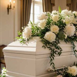 white casket with flowers