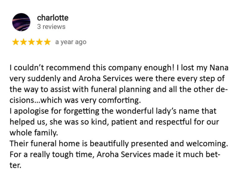 Google review for Aroha Funerals