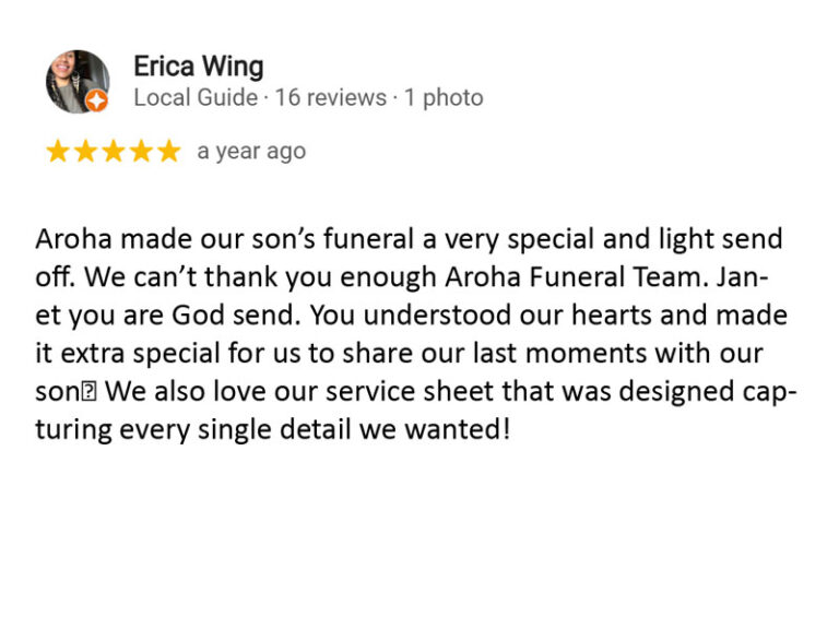 Google review for Aroha Funerals