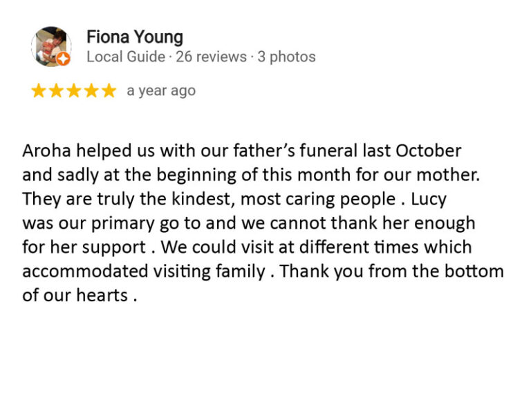 Google review for Aroha Funerals