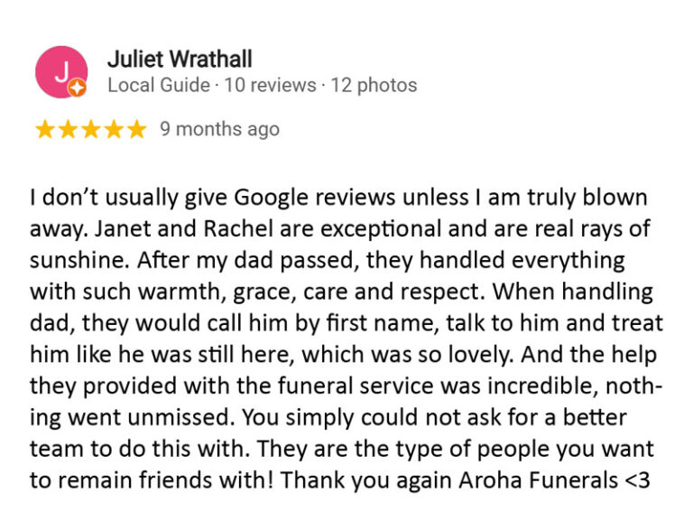 Google review for Aroha Funerals
