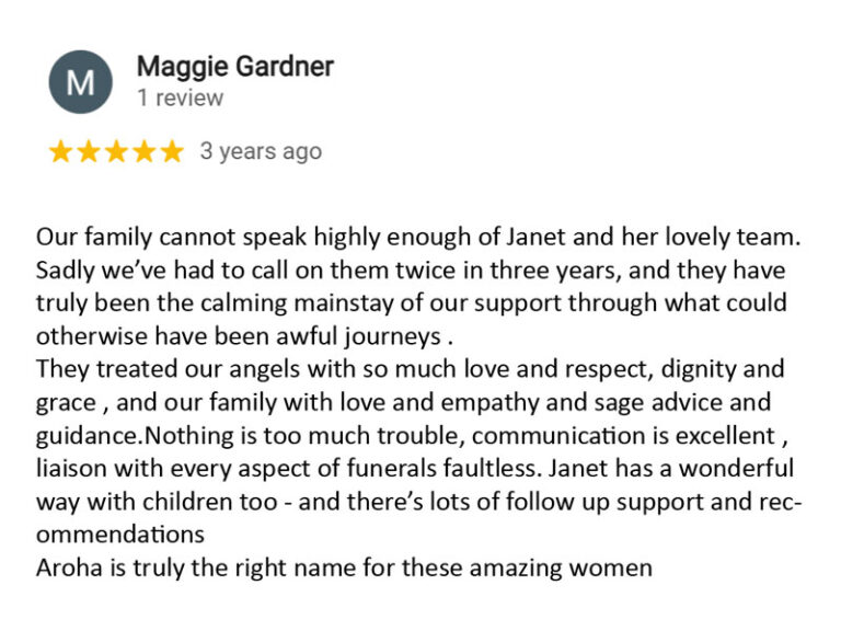 Google review for Aroha Funerals