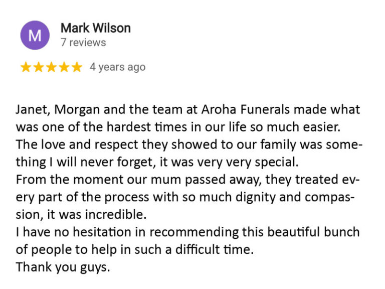 Google review for Aroha Funerals