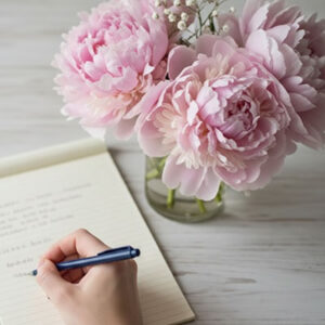 writing a note with peonies