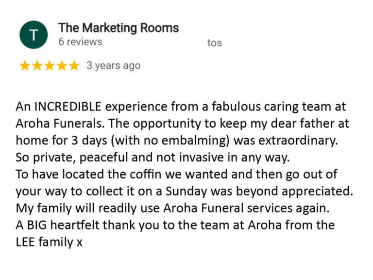 Google review for Aroha Funerals