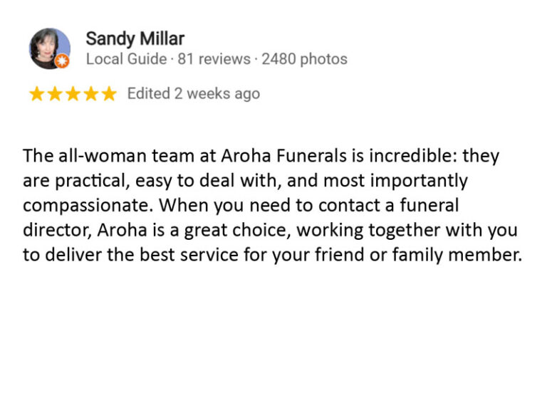 Google review for Aroha Funerals