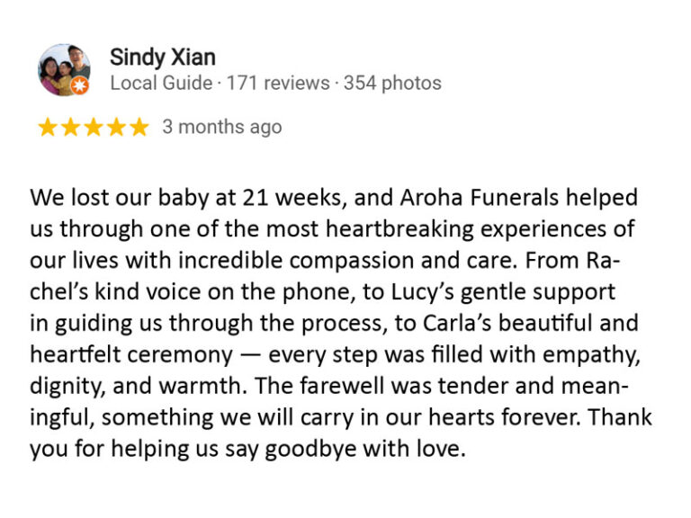 Google review for Aroha Funerals