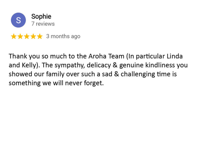 Google review for Aroha Funerals